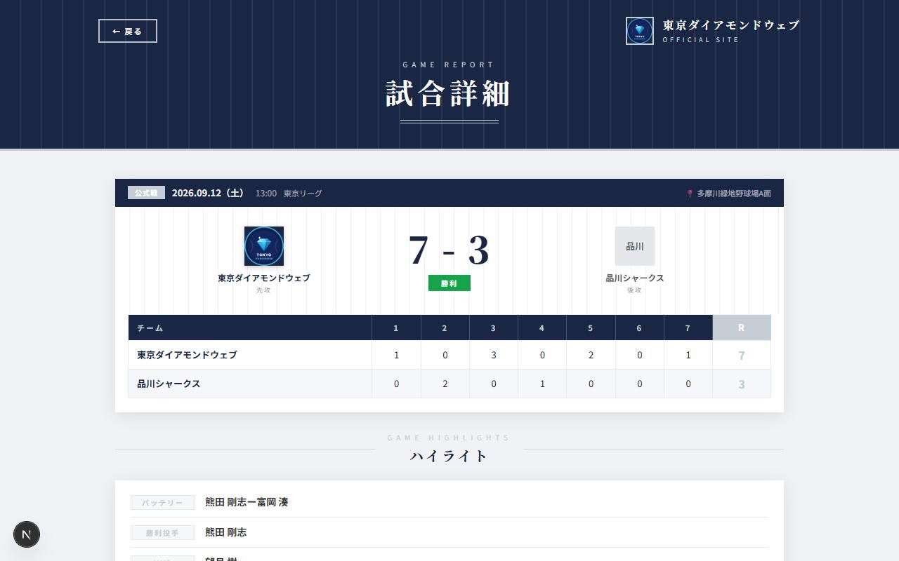 ピンストライプテンプレートの試合詳細ページ（実際の画面）